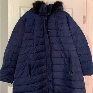Lands End Knee Length Down Coat 2x Navy w Fur Hood